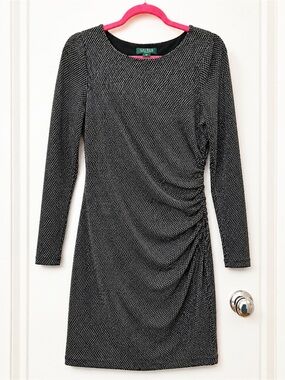 Lauren Ralph Lauren Black Metallic Thread Ruched Dress Long Sleeved 10P